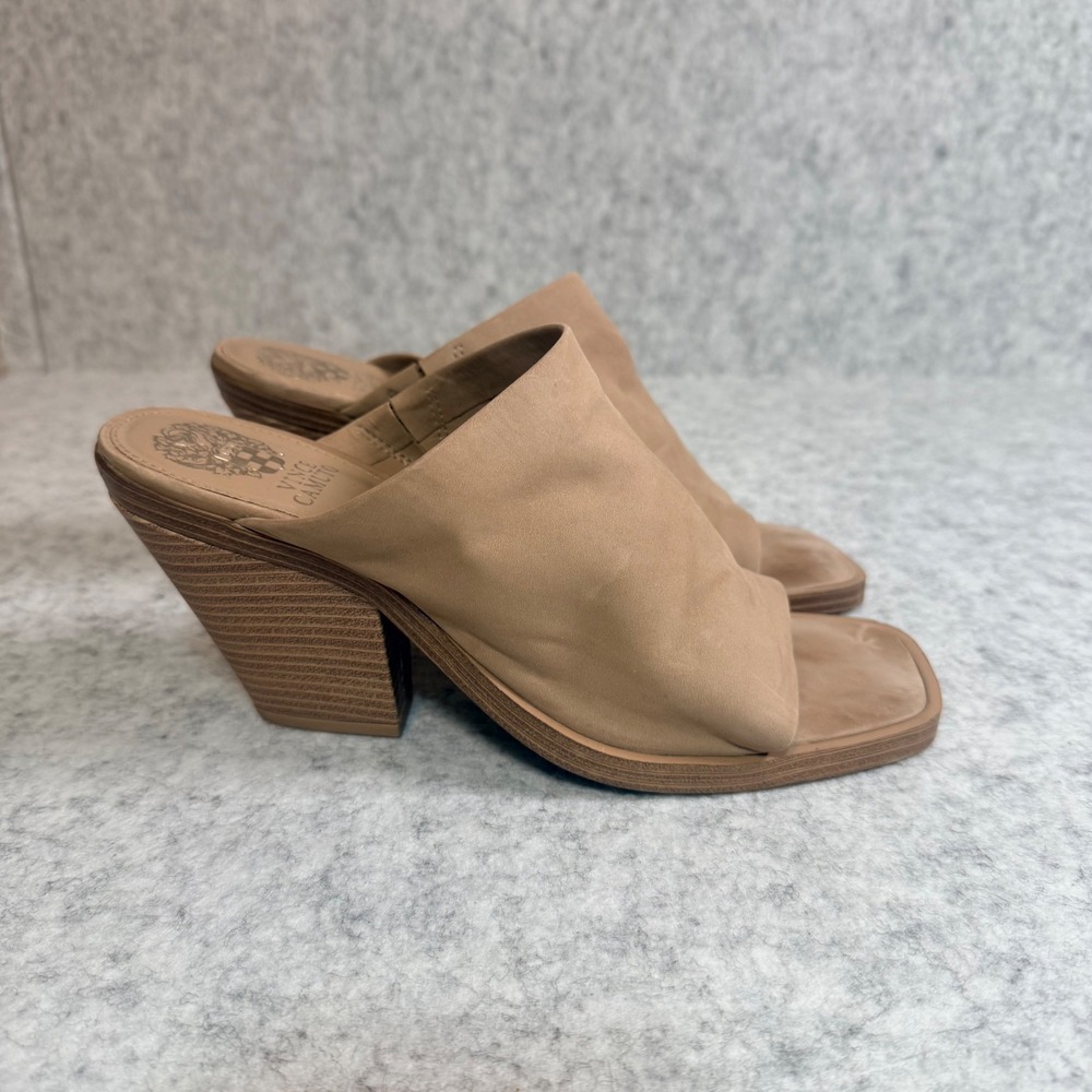 Vince Camuto Sempela Mules Women 9 Taupe Leather Square Toe Block Heel Slides